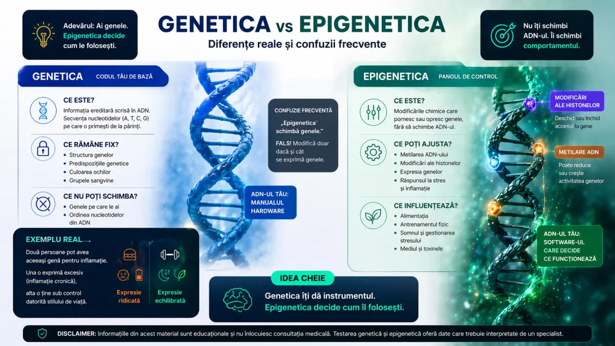 Genetică vs epigenetică: diferențe reale, confuzii frecvente și de ce contează pentru tine