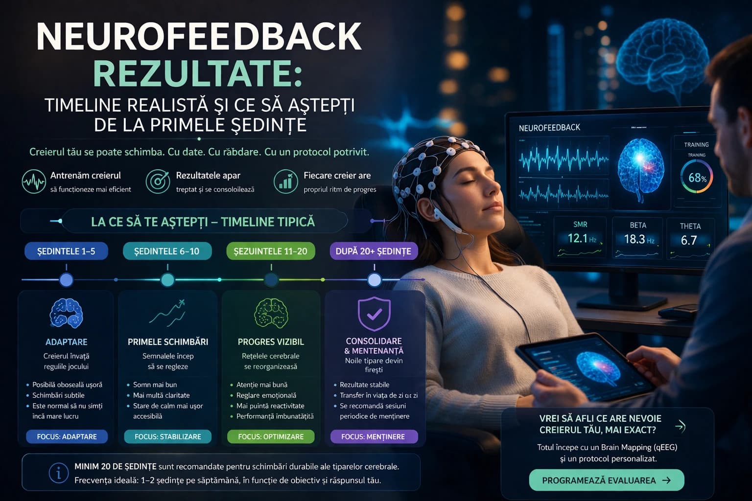 Rezultate neurofeedback: timeline realistă și ce să aștepți de la primele ședințe