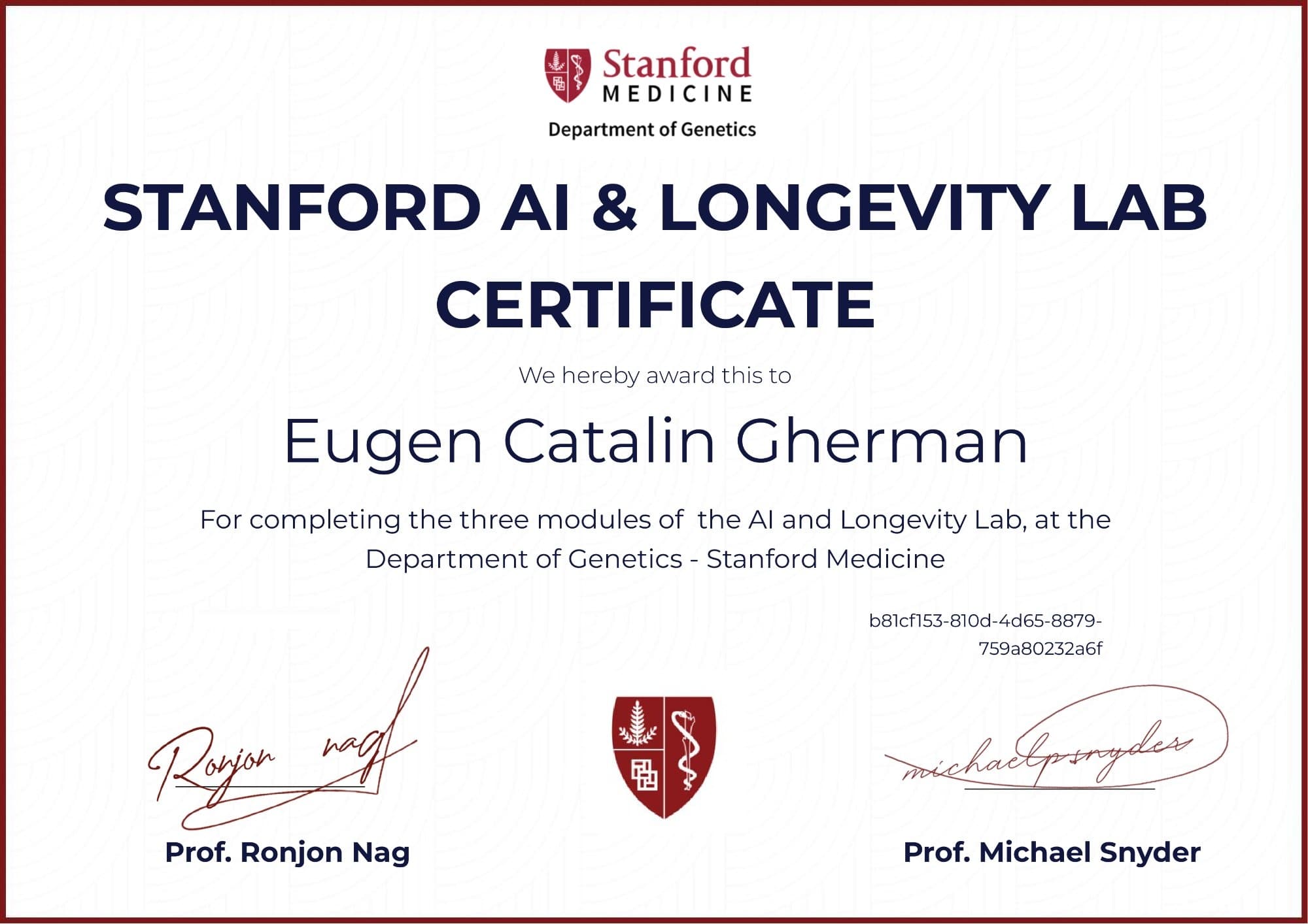 Stanford AI and Longevity Lab Certificate